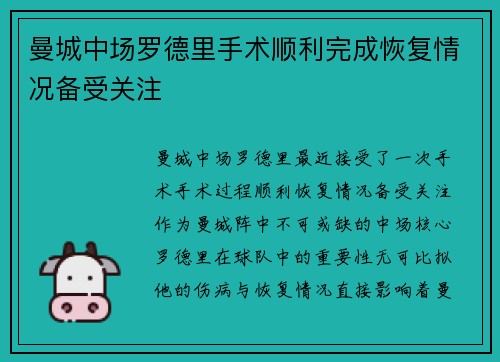 曼城中场罗德里手术顺利完成恢复情况备受关注