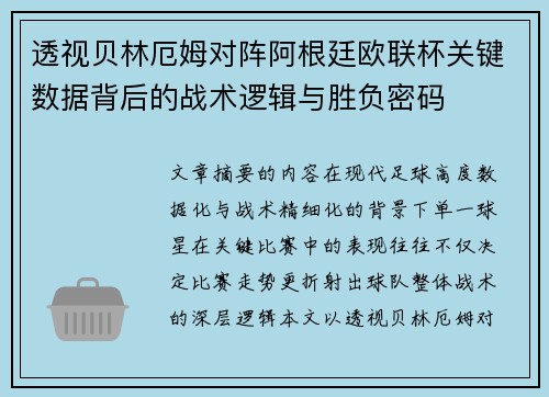 透视贝林厄姆对阵阿根廷欧联杯关键数据背后的战术逻辑与胜负密码